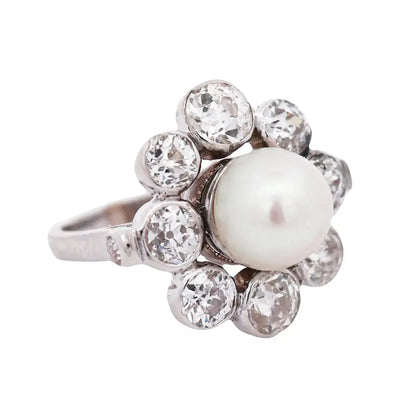 Platinum Natural Pearl Diamond Ring, GIA Lueur Jewelry