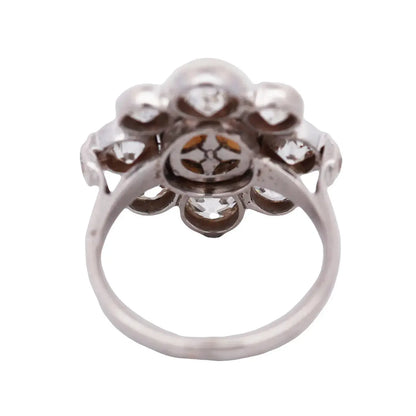 Platinum Natural Pearl Diamond Ring, GIA Lueur Jewelry