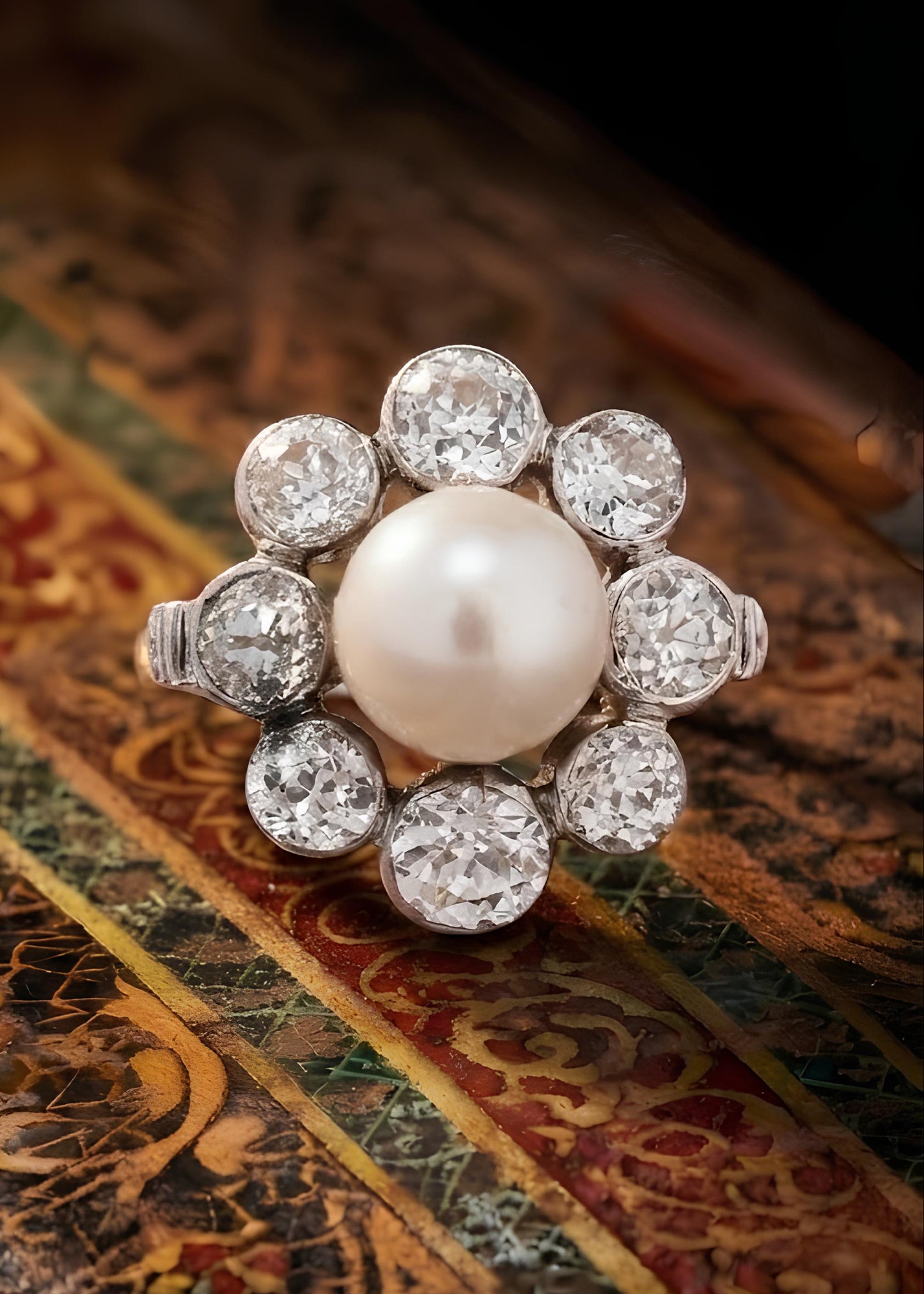Platinum Natural Pearl Diamond Ring, GIA Lueur Jewelry