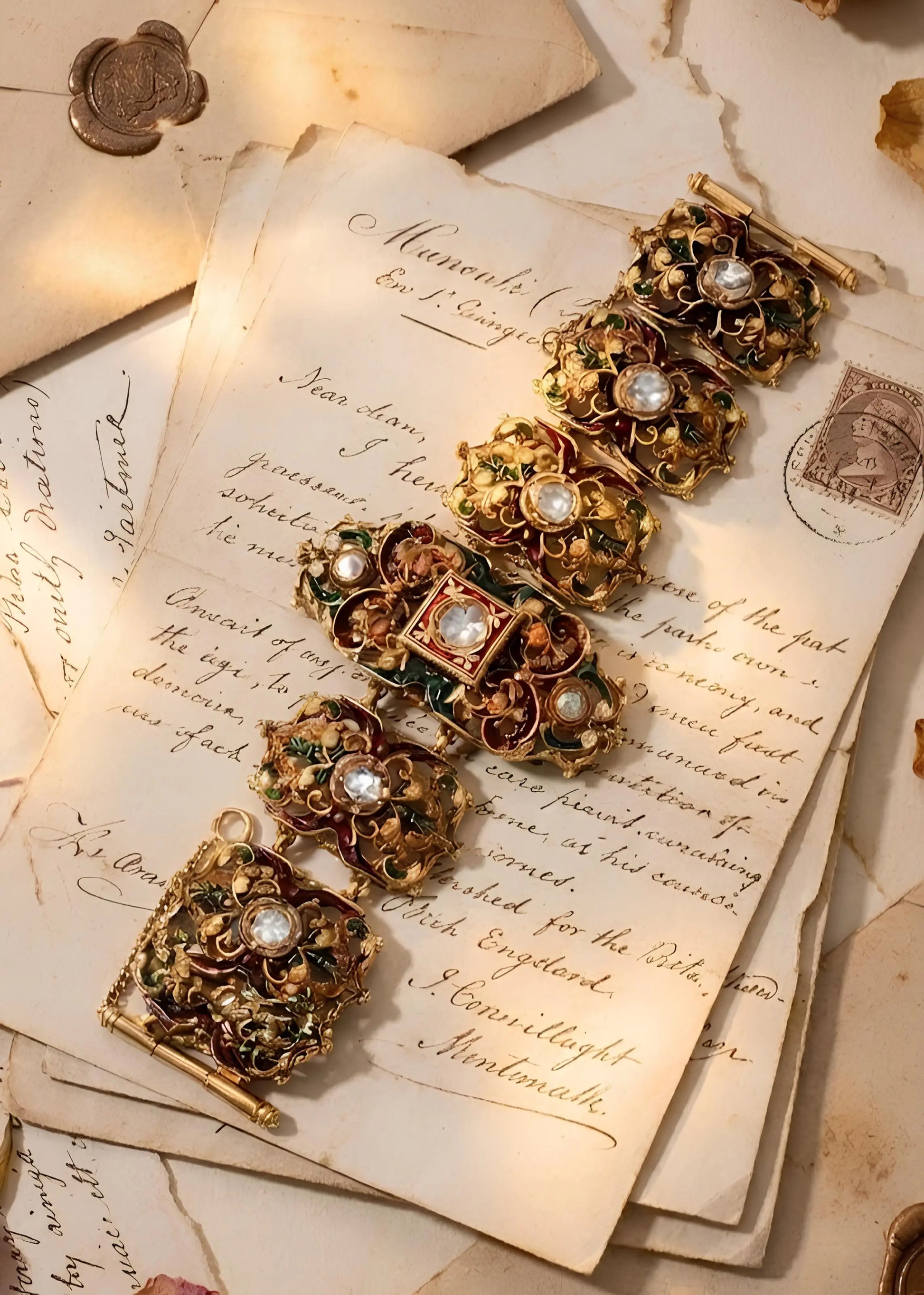 Antique Gold Enamel Diamond Bracelet Lueur Jewelry