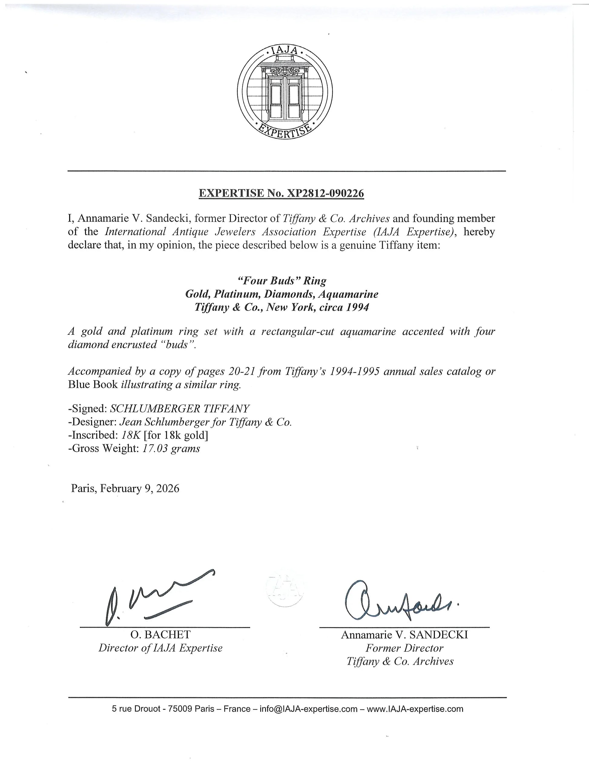 Tiffany Schlumberger, 18K Gold Aquamarine Diamond Ring, IAJA Tiffany