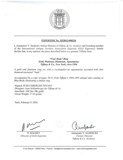 Tiffany Schlumberger, 18K Gold Aquamarine Diamond Ring, IAJA Tiffany