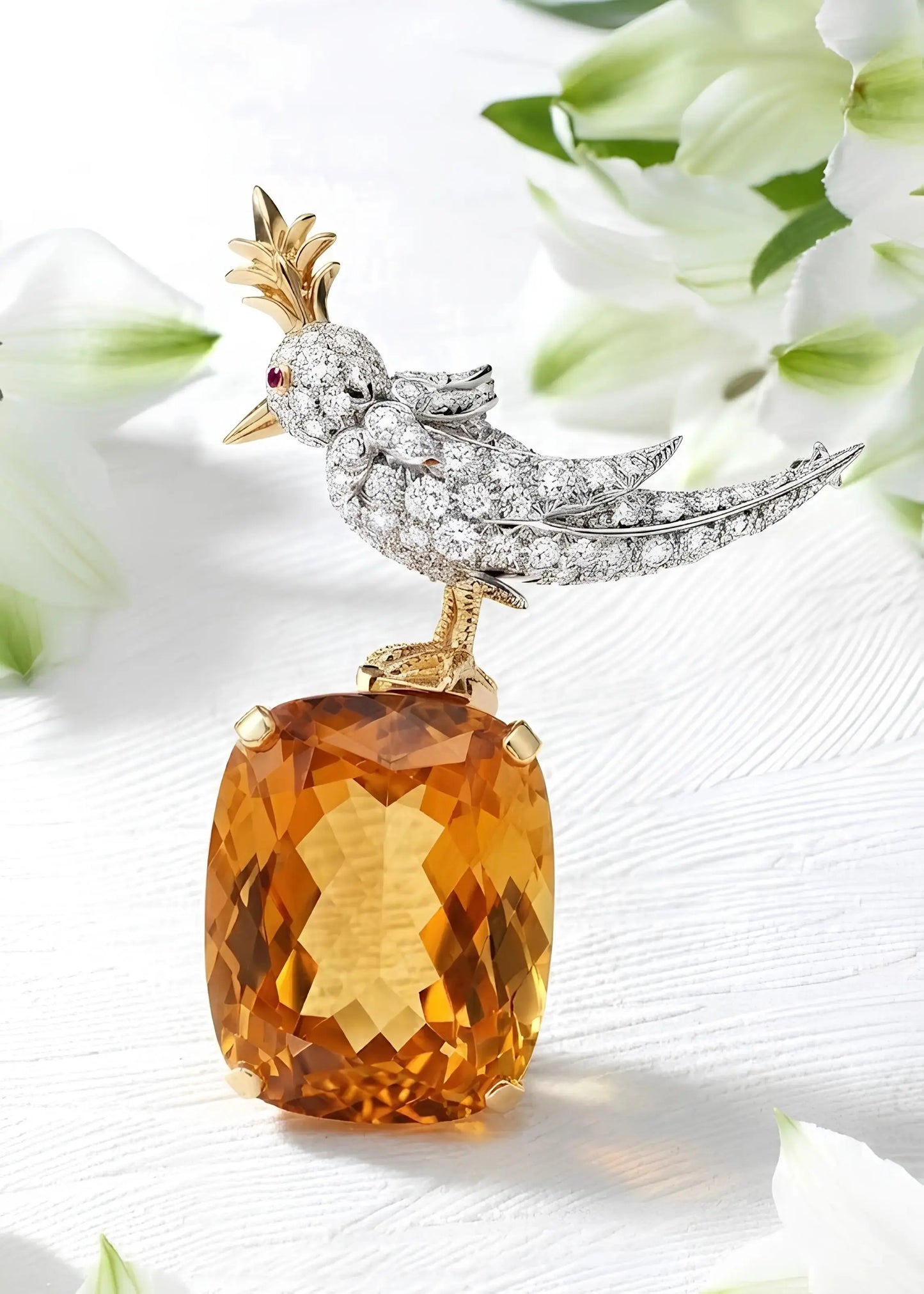 Tiffany, 18K Gold Citrine Diamond Bird-on-Stone Brooch Tiffany