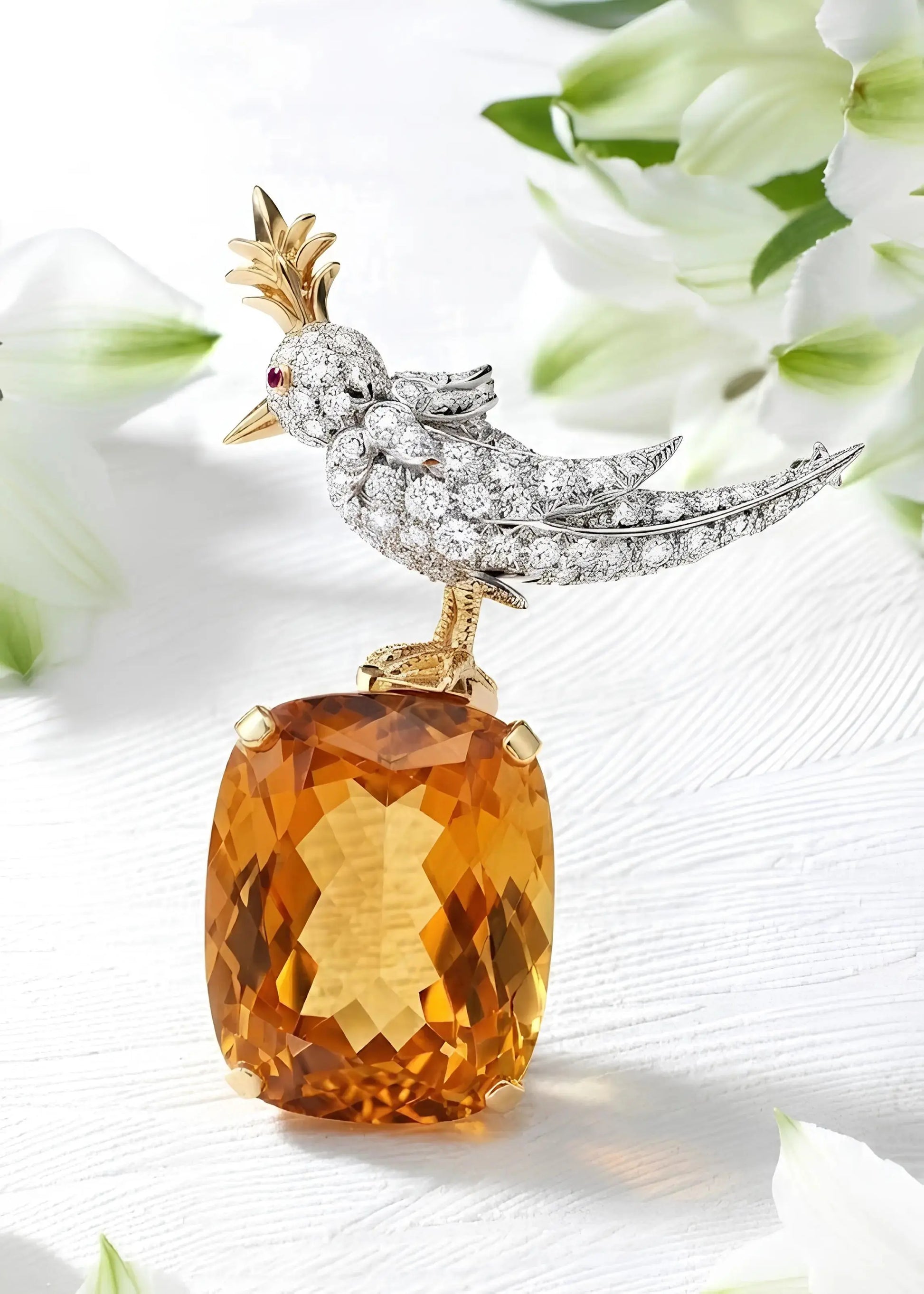 Tiffany, 18K Gold Citrine Diamond Bird-on-Stone Brooch Tiffany