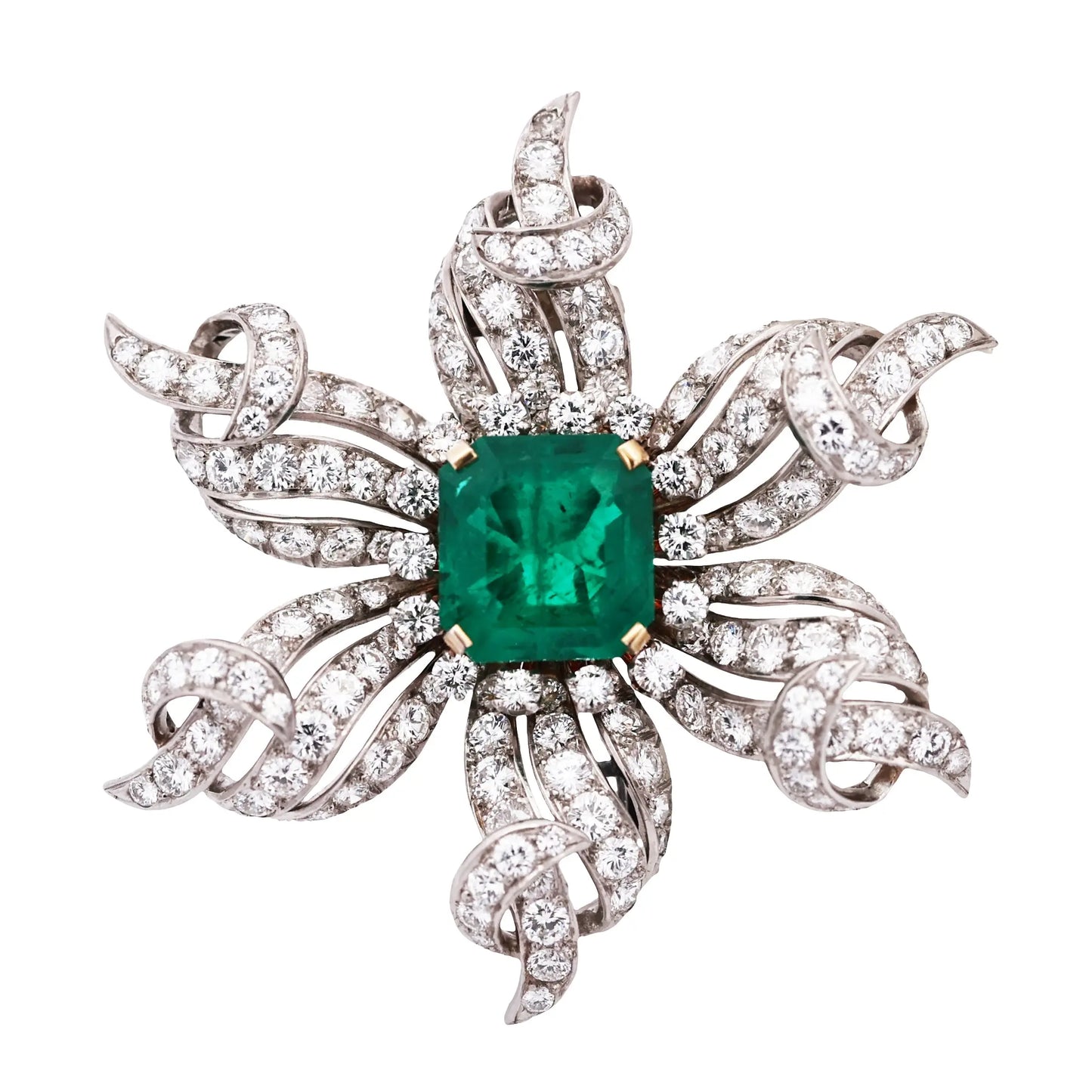 Tiffany Schlumberger, 18K Gold Emerald Diamond Brooch Tiffany