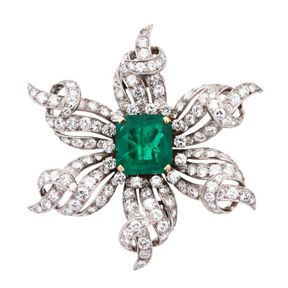 Tiffany Schlumberger, 18K Gold Emerald Diamond Brooch Tiffany