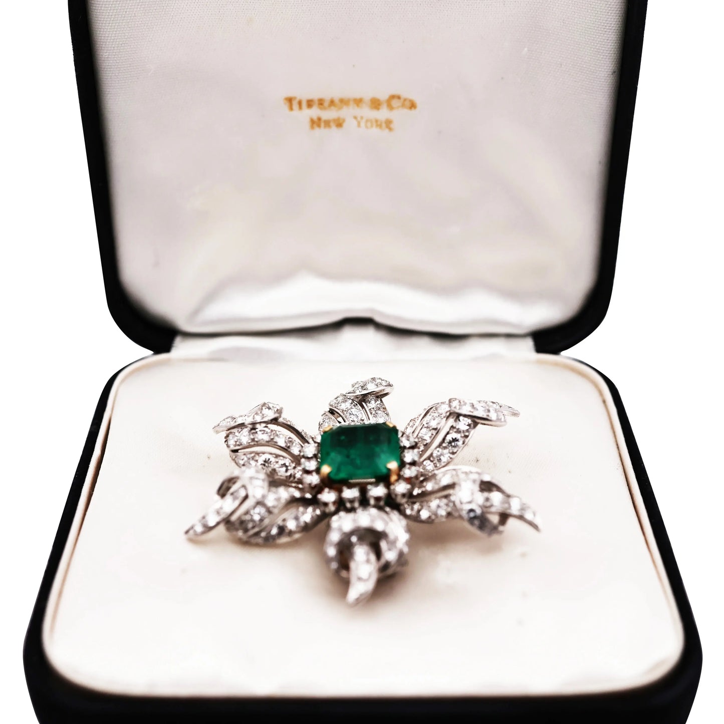 Tiffany Schlumberger, 18K Gold Emerald Diamond Brooch Tiffany