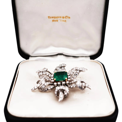 Tiffany Schlumberger, 18K Gold Emerald Diamond Brooch Tiffany