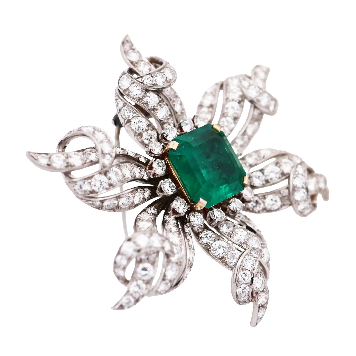 Tiffany Schlumberger, 18K Gold Emerald Diamond Brooch Tiffany