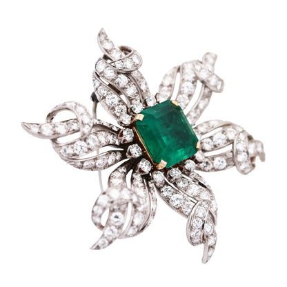 Tiffany Schlumberger, 18K Gold Emerald Diamond Brooch Tiffany