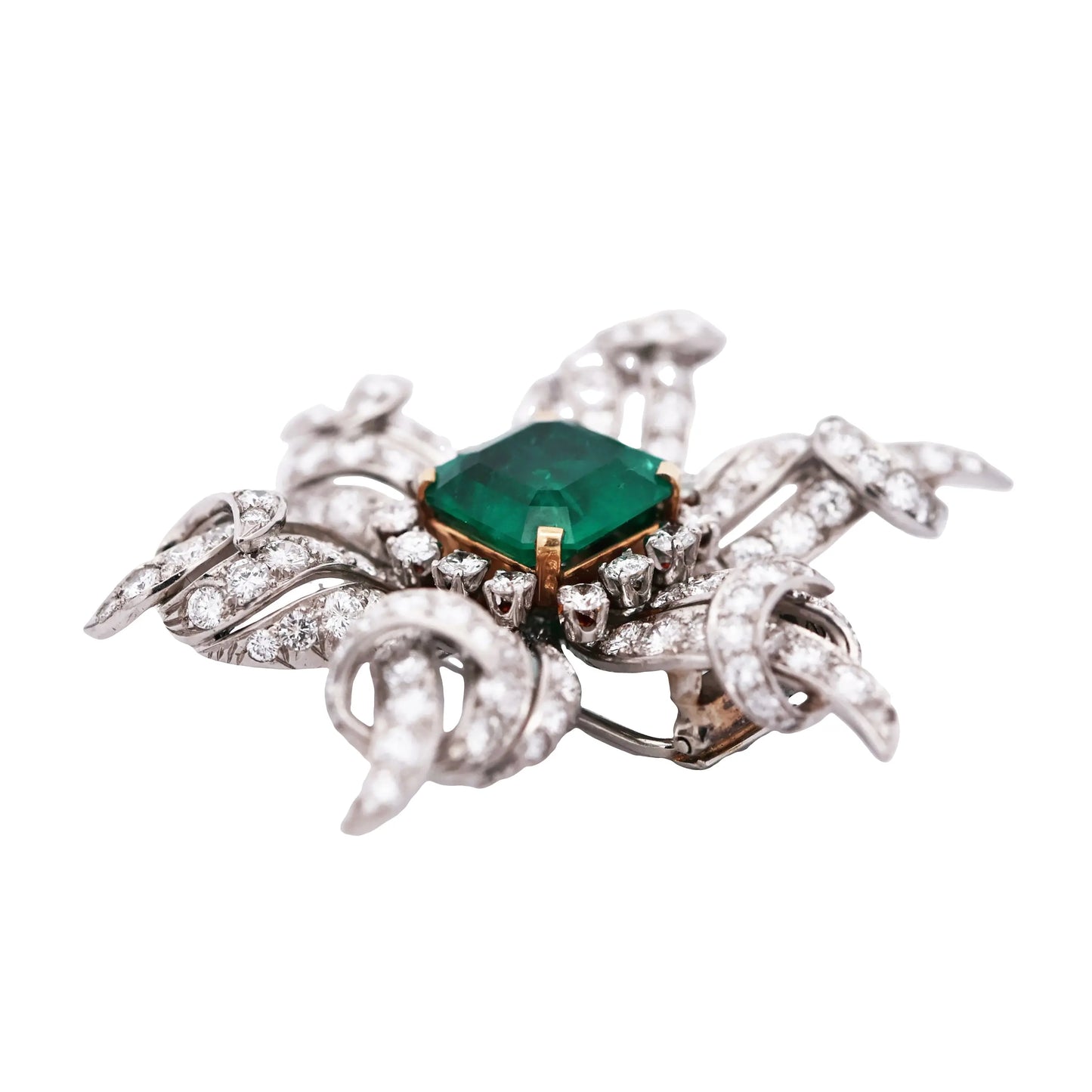 Tiffany Schlumberger, 18K Gold Emerald Diamond Brooch Tiffany