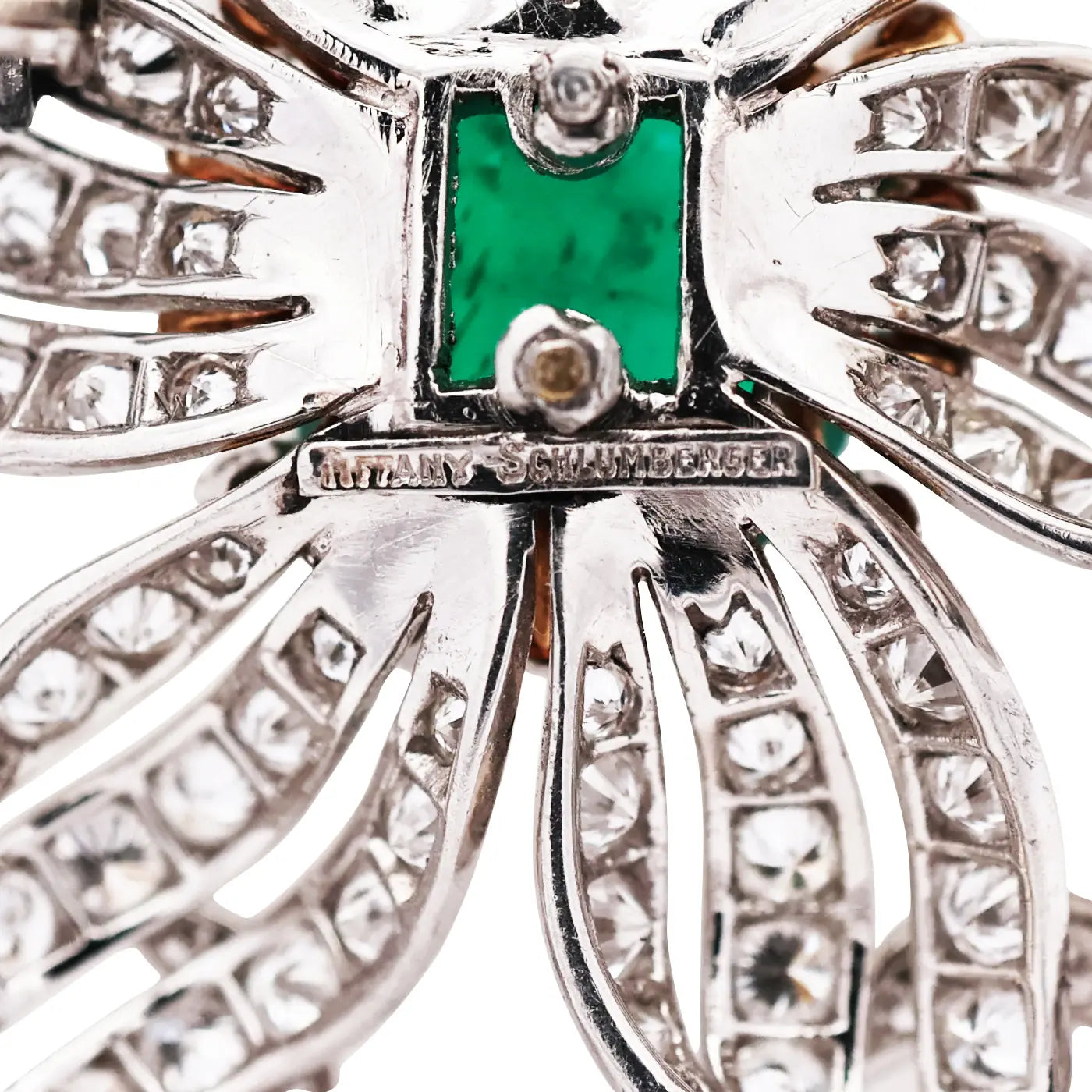 Tiffany Schlumberger, 18K Gold Emerald Diamond Brooch Tiffany