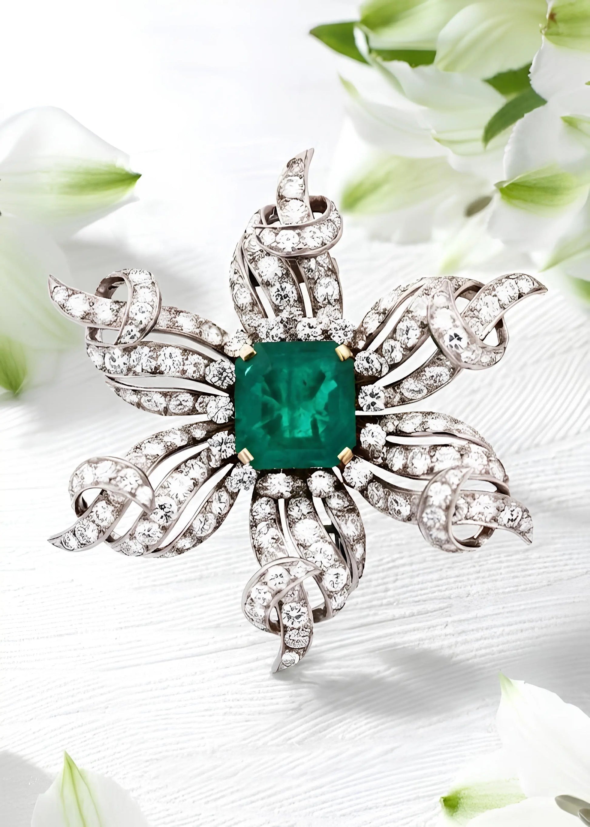 Tiffany Schlumberger, 18K Gold Emerald Diamond Brooch Tiffany