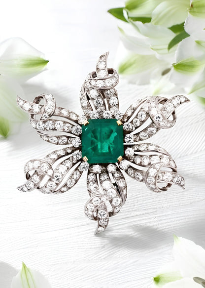 Tiffany Schlumberger, 18K Gold Emerald Diamond Brooch Tiffany