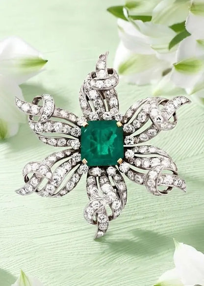 Tiffany Schlumberger, 18K Gold Emerald Diamond Brooch Tiffany