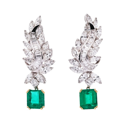 4.10ct, 3.66ct Colombia Minor Emerald Diamond Earrings, AGL Lueur Jewelry