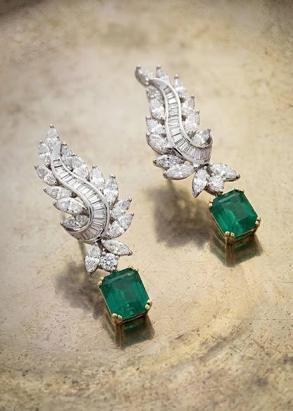4.10ct, 3.66ct Colombia Minor Emerald Diamond Earrings, AGL Lueur Jewelry