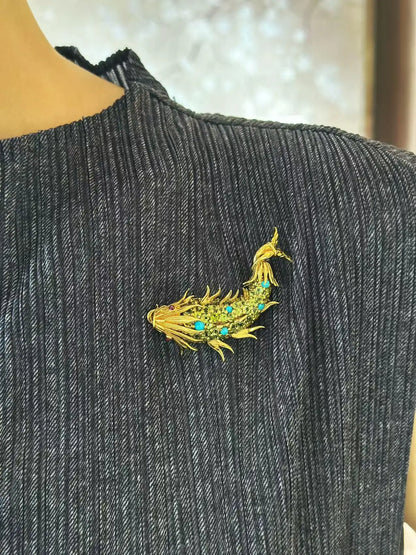Tiffany Schlumberger, 18K Gold Periodot Turquoise Ruby Dophin Brooch