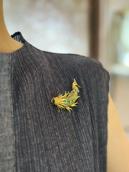 Tiffany Schlumberger, 18K Gold Periodot Turquoise Ruby Dophin Brooch