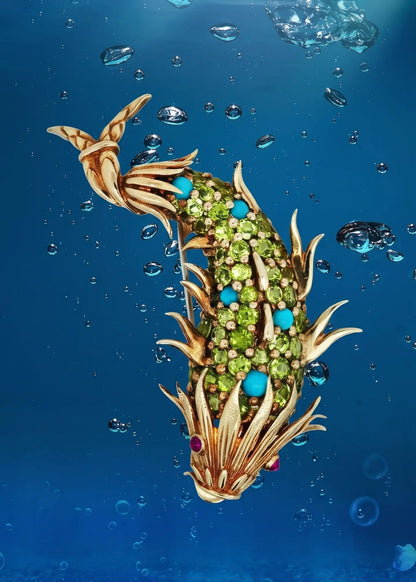 Tiffany Schlumberger, 18K Gold Periodot Turquoise Ruby Dophin Brooch