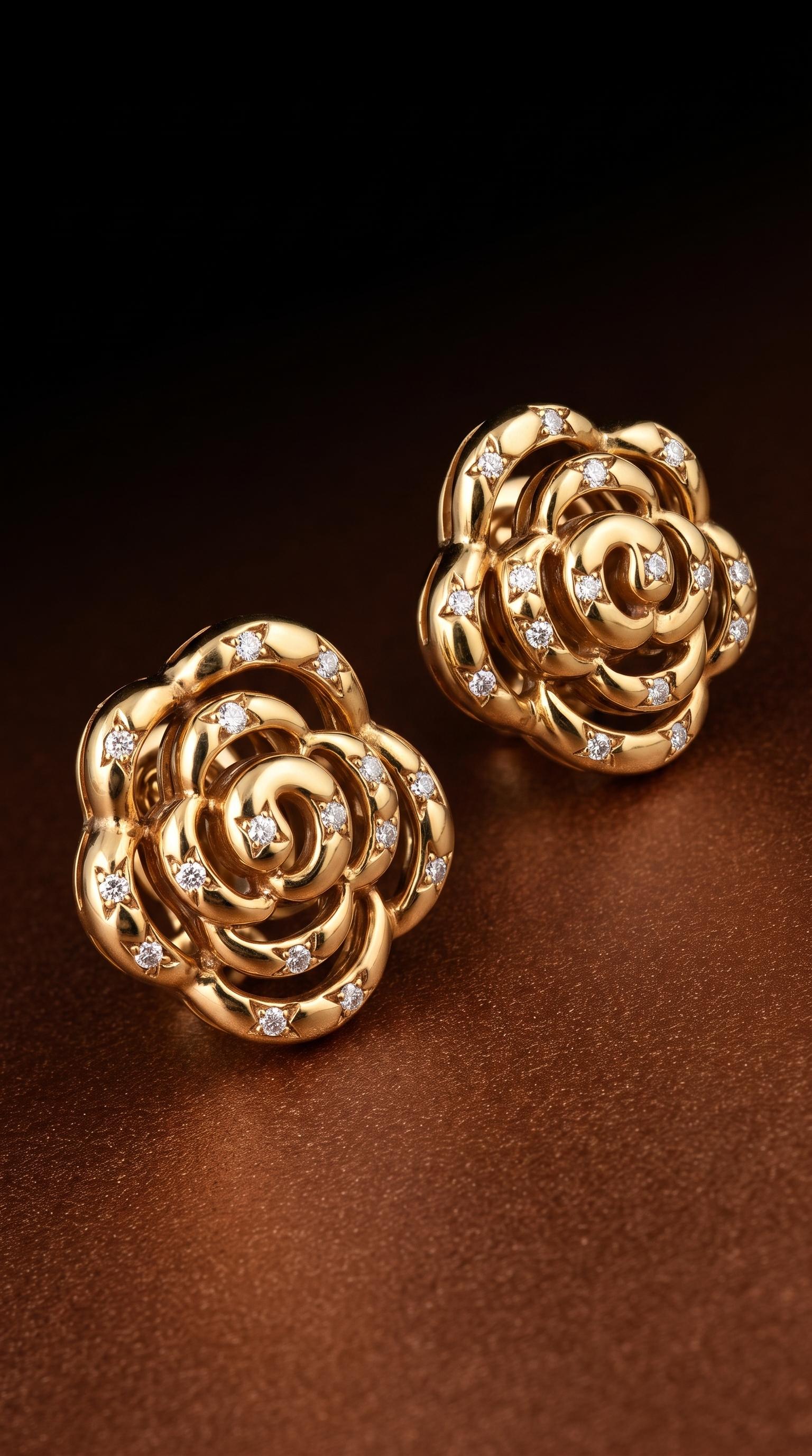 Van Cleef & Arpels, 18K Gold Diamond Camellia Earrings