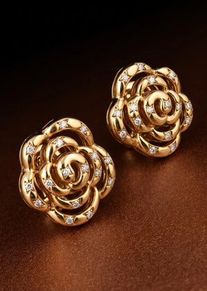 Van Cleef & Arpels, 18K Gold Diamond Camellia Earrings