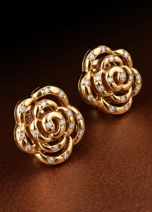 Van Cleef & Arpels, 18K Gold Diamond Camellia Earrings