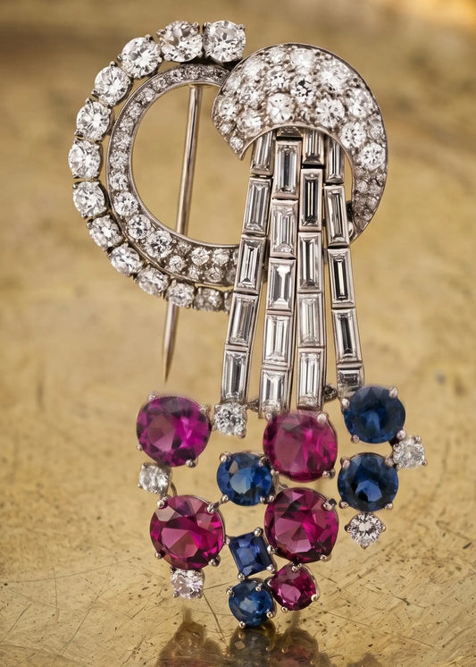 Cartier, Platinum Sapphire Garnet Diamond Brooch Cartier