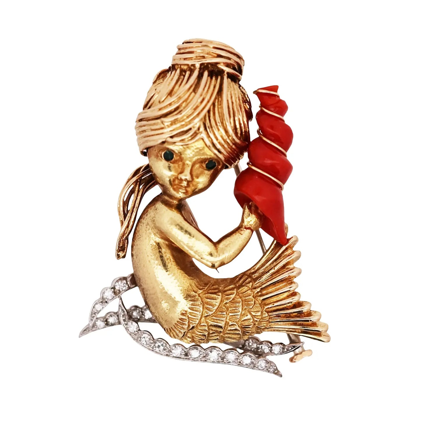 Van Cleef & Arpels, Platinum 18K Gold Coral Emerald Diamond Mermaid Brooch VCA