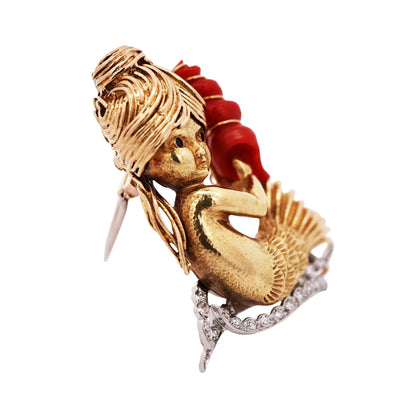 Van Cleef & Arpels, Platinum 18K Gold Coral Emerald Diamond Mermaid Brooch VCA