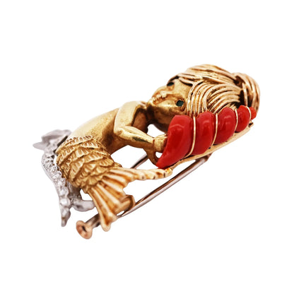 Van Cleef & Arpels, Platinum 18K Gold Coral Emerald Diamond Mermaid Brooch VCA