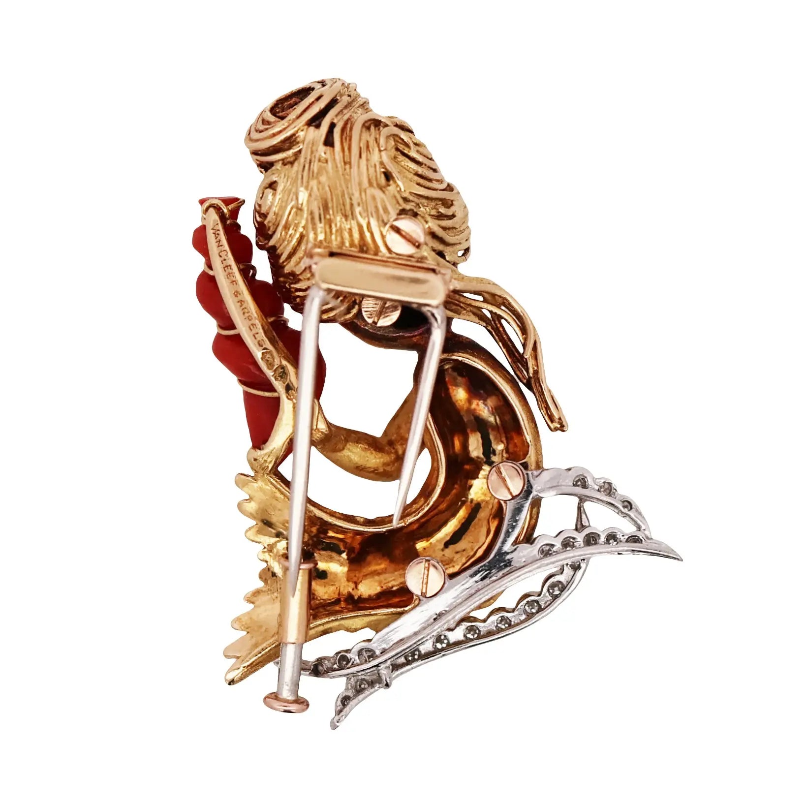 Van Cleef & Arpels, Platinum 18K Gold Coral Emerald Diamond Mermaid Brooch VCA