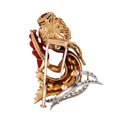 Van Cleef & Arpels, Platinum 18K Gold Coral Emerald Diamond Mermaid Brooch VCA