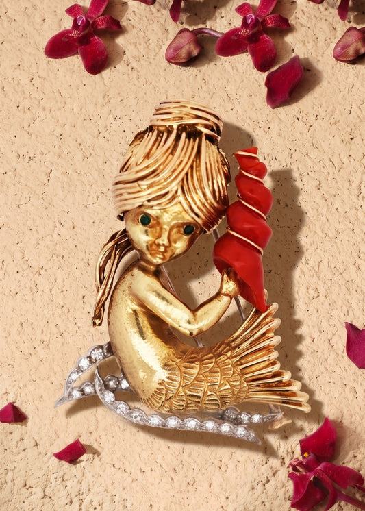 Van Cleef & Arpels, Platinum 18K Gold Coral Emerald Diamond Mermaid Brooch VCA