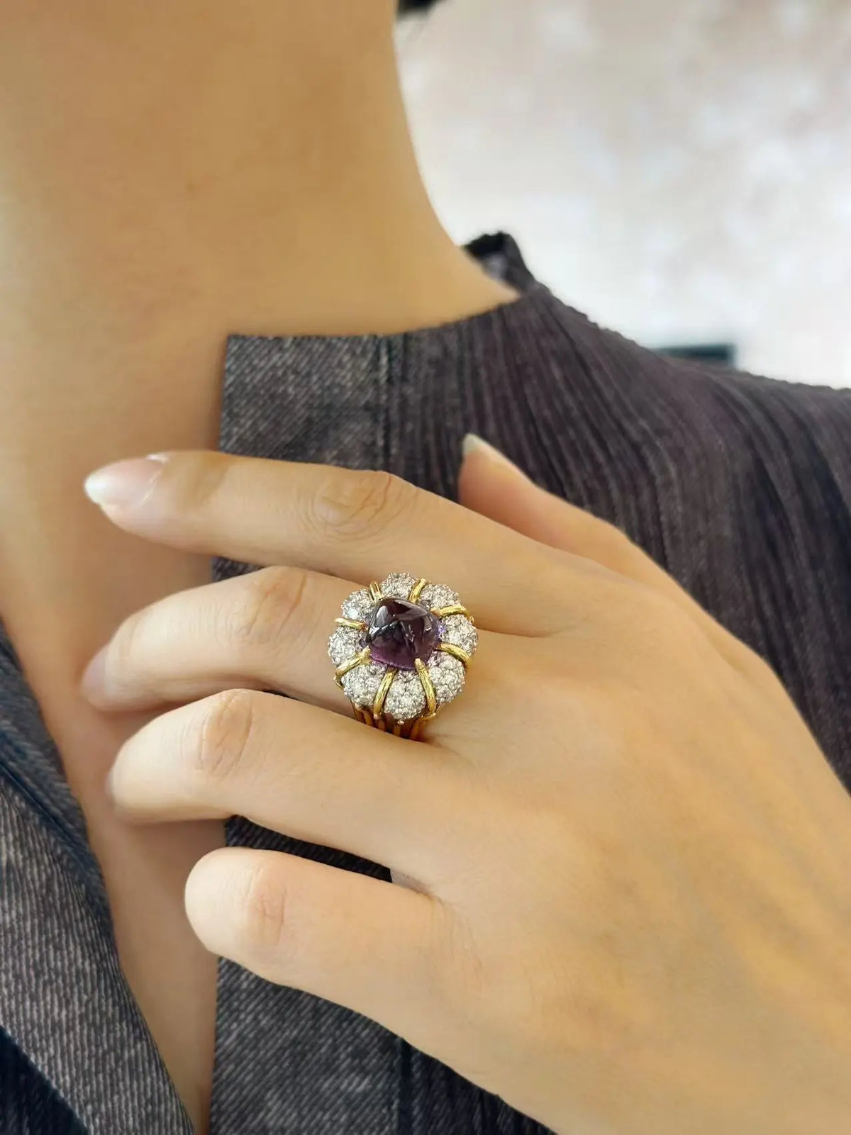 Verdura, Platinum 18K Gold Amethyst Diamond Ring Verdura