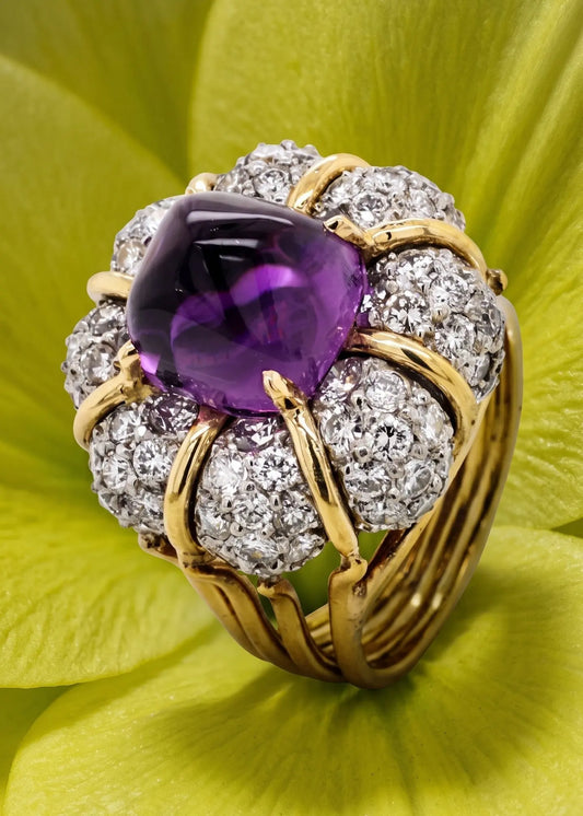 Verdura, Platinum 18K Gold Amethyst Diamond Ring Verdura