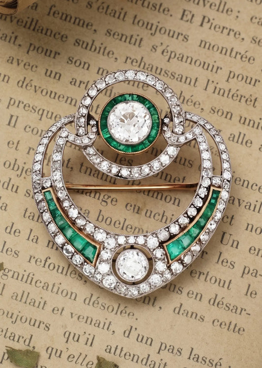Platinum Emerald Diamond Brooch Lueur Jewelry
