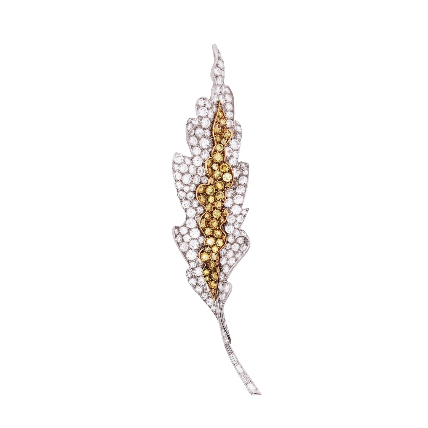 Sterle, Platinum 18K Gold Yellow Diamond Diamond Feather Brooch Sterle