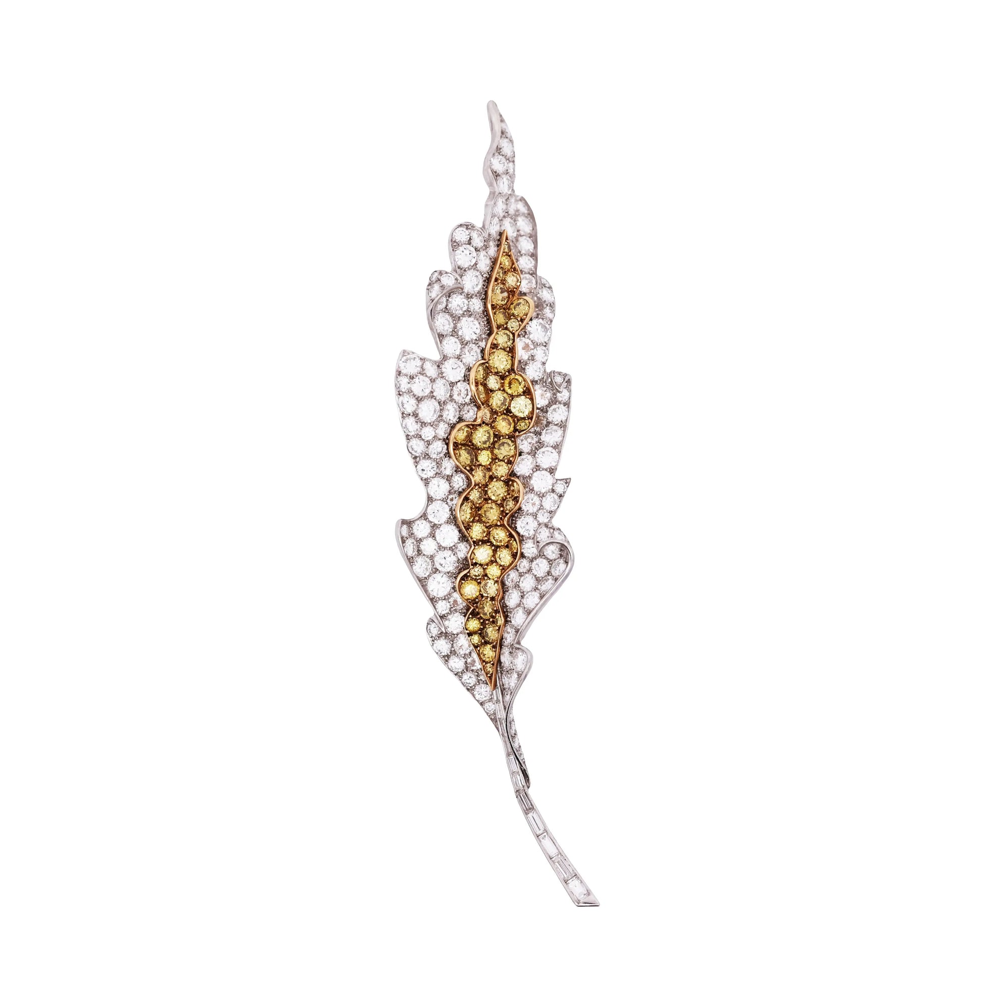 Sterle, Platinum 18K Gold Yellow Diamond Diamond Feather Brooch Sterle