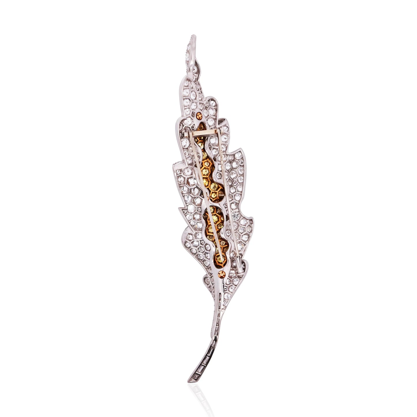 Sterle, Platinum 18K Gold Yellow Diamond Diamond Feather Brooch Sterle