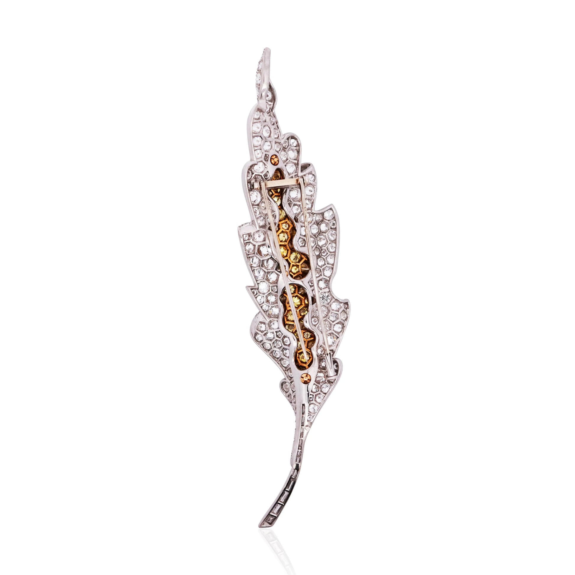 Sterle, Platinum 18K Gold Yellow Diamond Diamond Feather Brooch Sterle