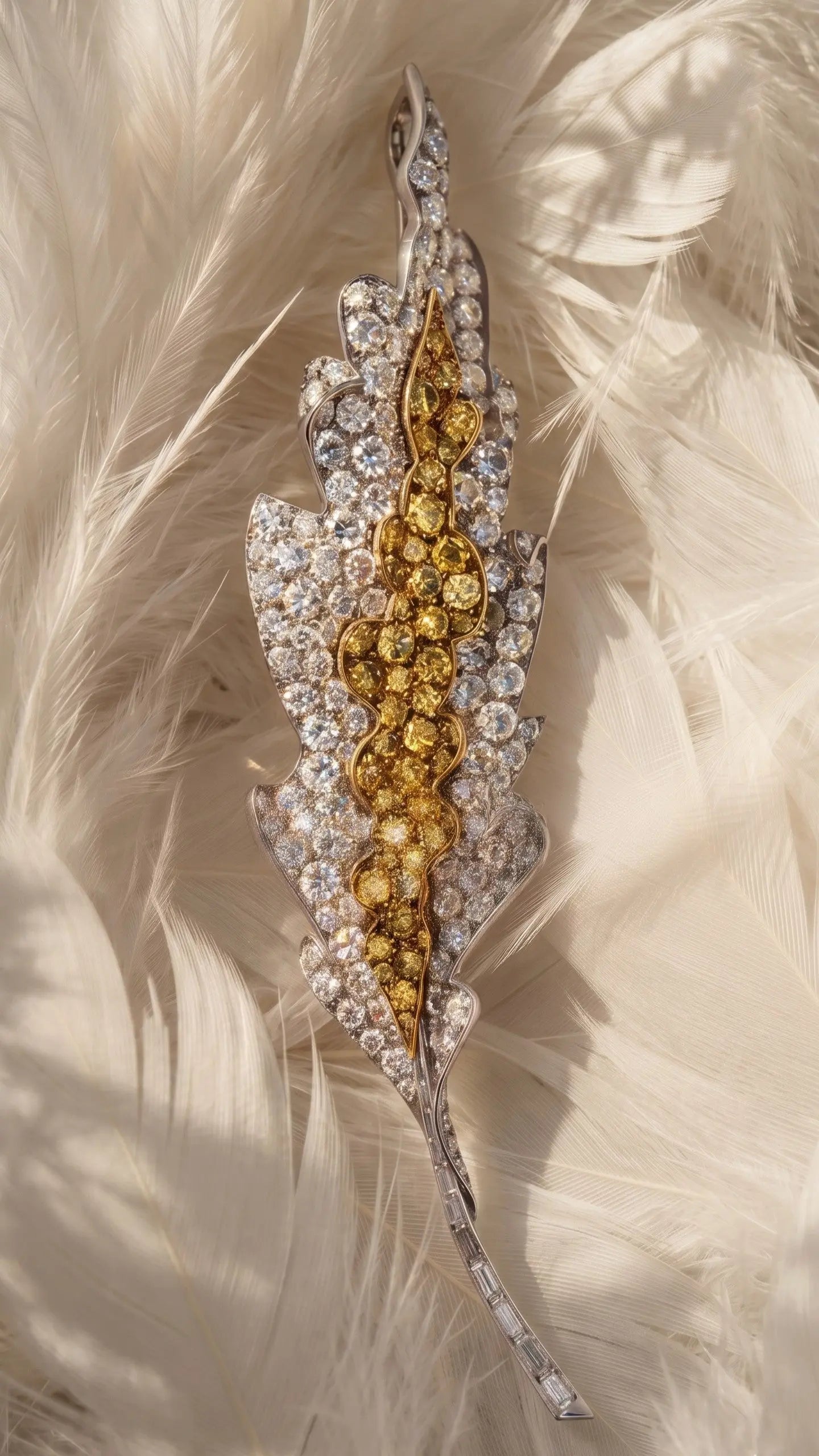 Sterle, Platinum 18K Gold Yellow Diamond Diamond Feather Brooch Sterle