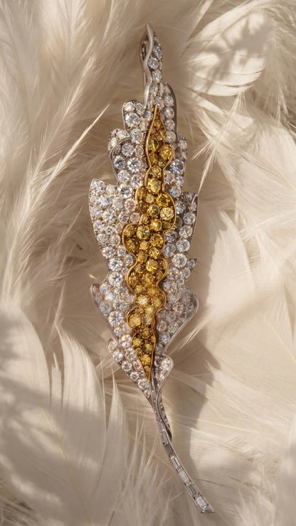 Sterle, Platinum 18K Gold Yellow Diamond Diamond Feather Brooch Sterle