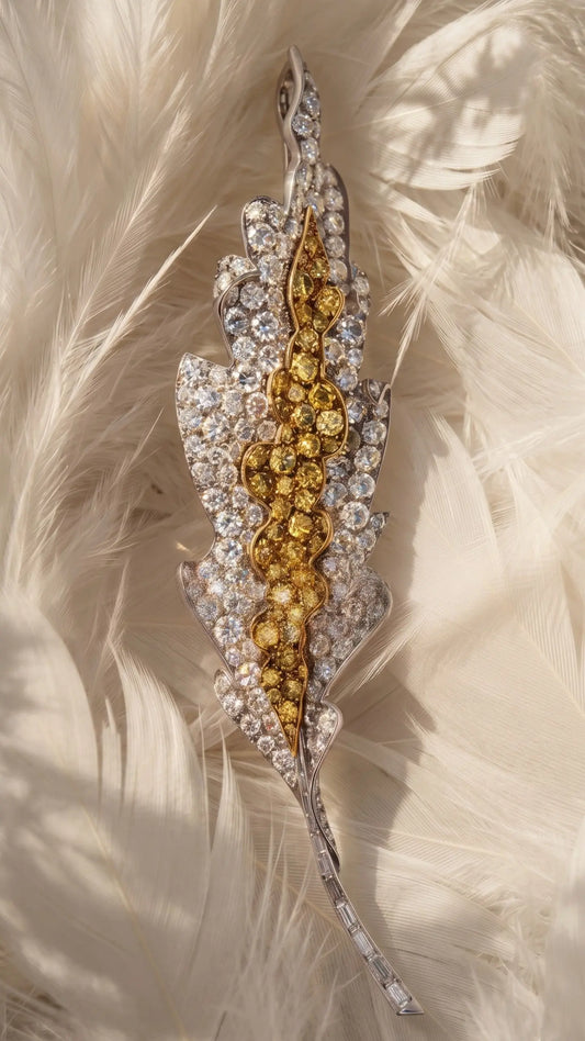 Sterle, Platinum 18K Gold Yellow Diamond Diamond Feather Brooch Sterle
