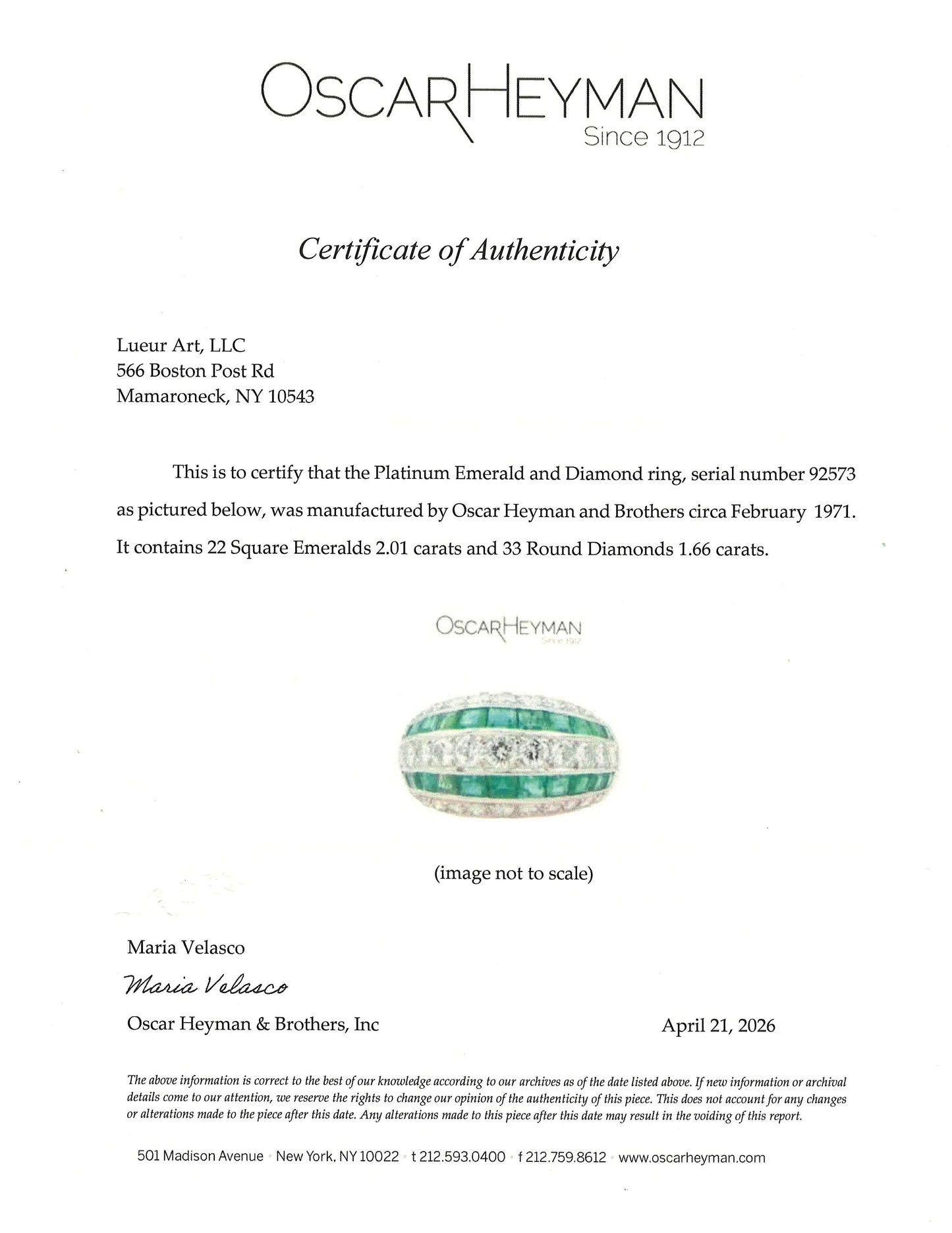 Oscar Heyman, Platinum Emerald Diamond Ring, Certificate Oscar Heyman
