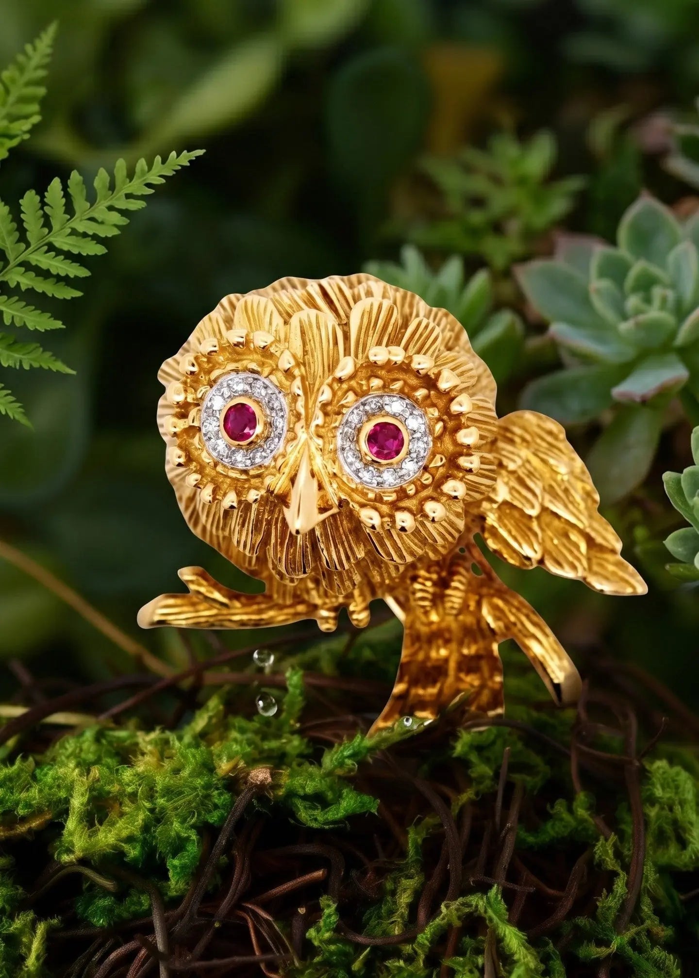 Riviera,18K Gold Ruby Diamond Owl Brooch Riviera