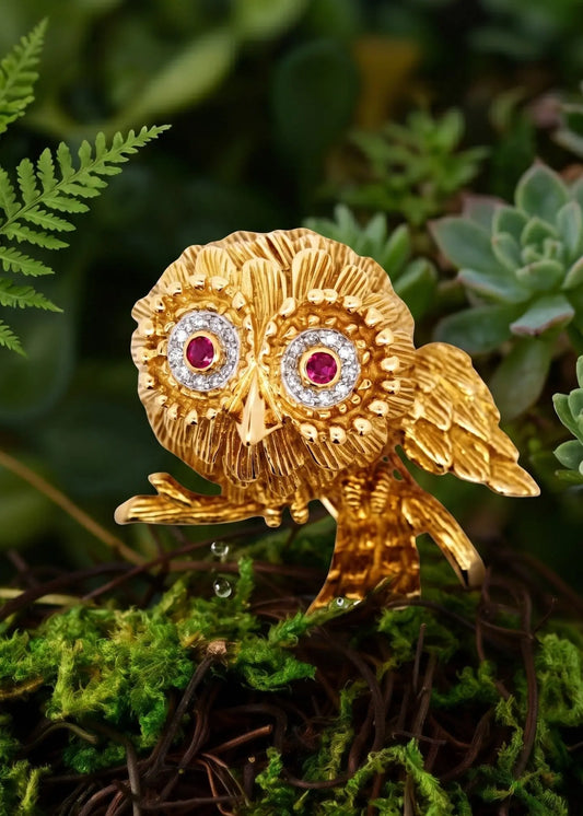 Riviera,18K Gold Ruby Diamond Owl Brooch Riviera