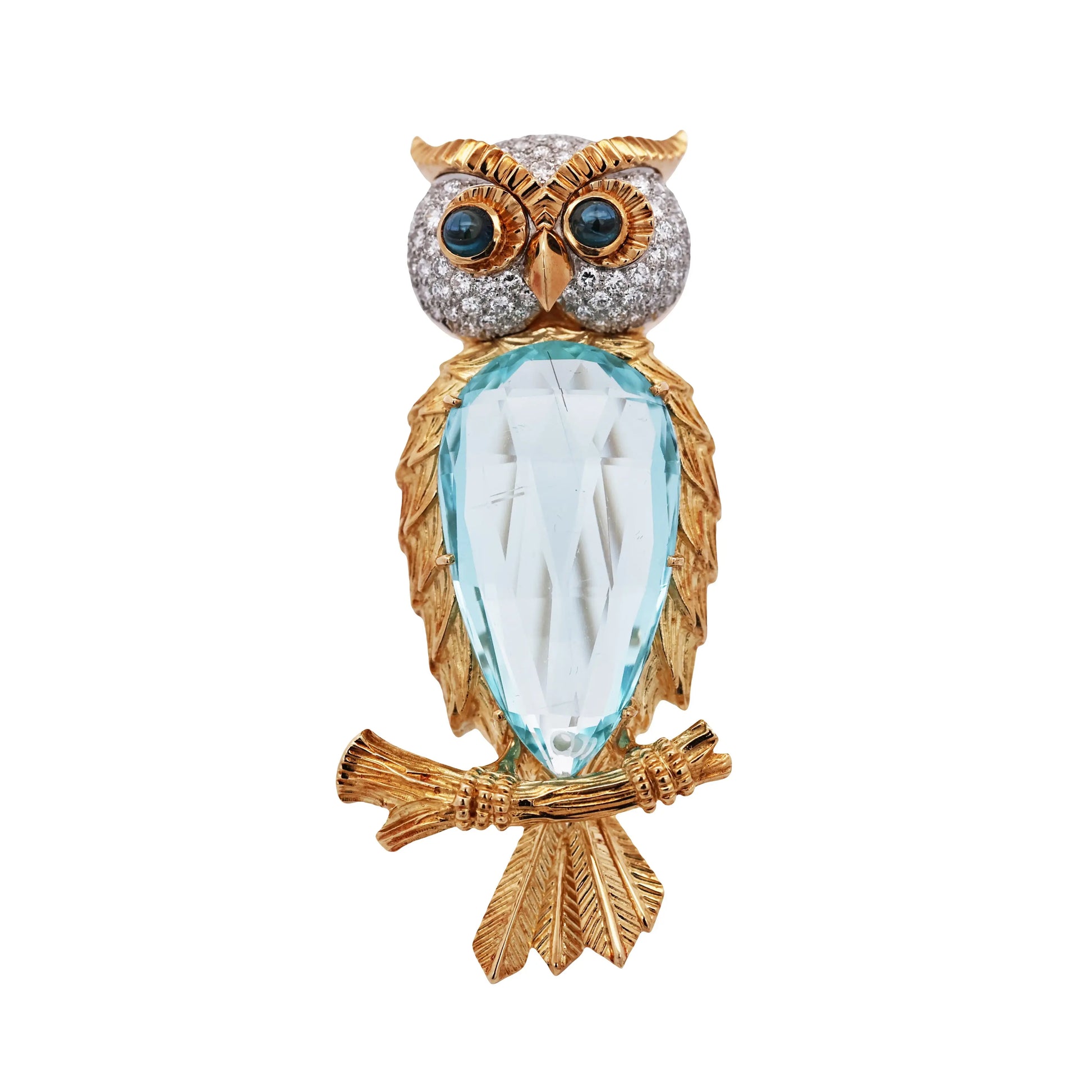 18K Gold Aquamarine Sapphire Diamond Owl Brooch Lueur Jewelry