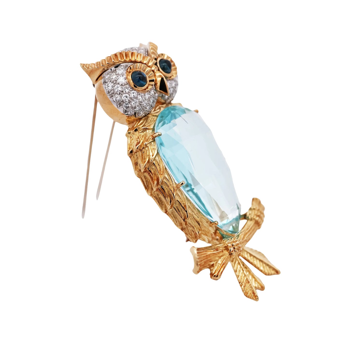 18K Gold Aquamarine Sapphire Diamond Owl Brooch Lueur Jewelry