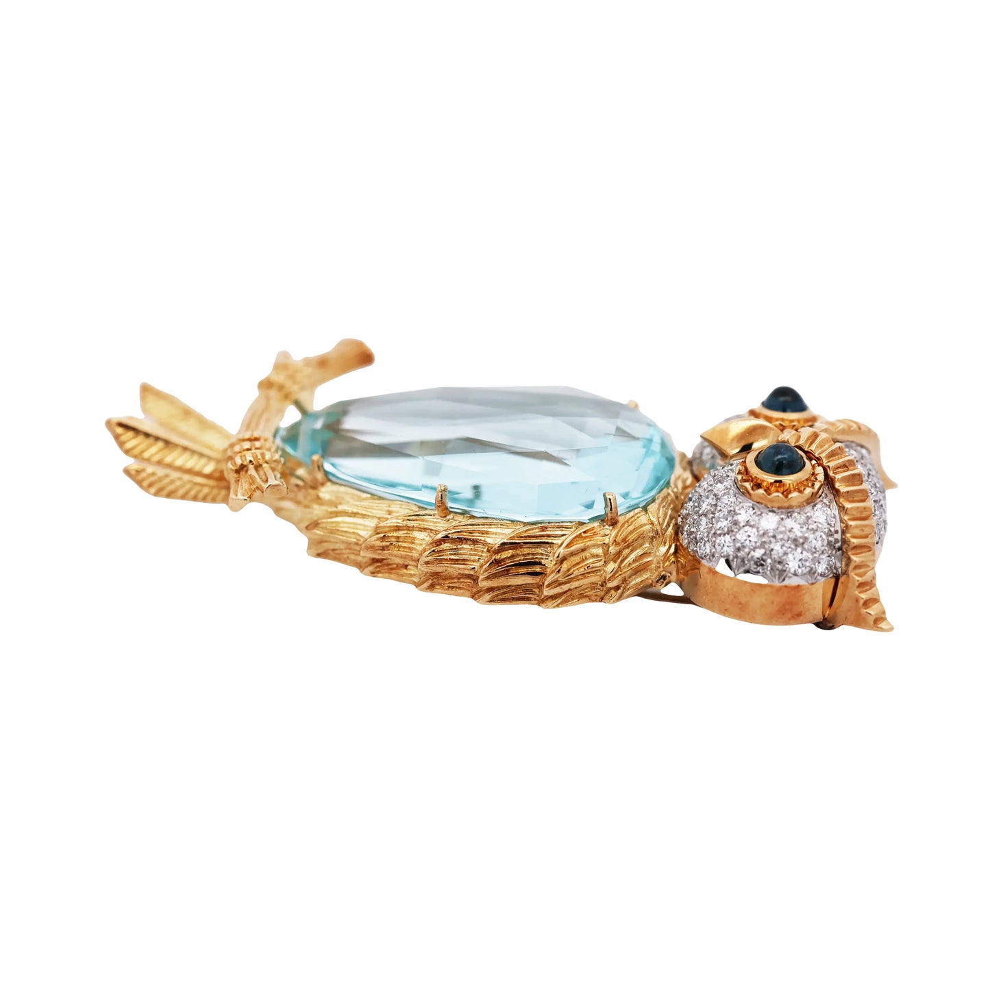 18K Gold Aquamarine Sapphire Diamond Owl Brooch Lueur Jewelry